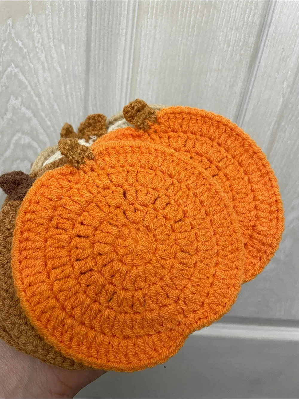 Handmade Crocheted Pumpkin Coasters - Neutral & Orange Set